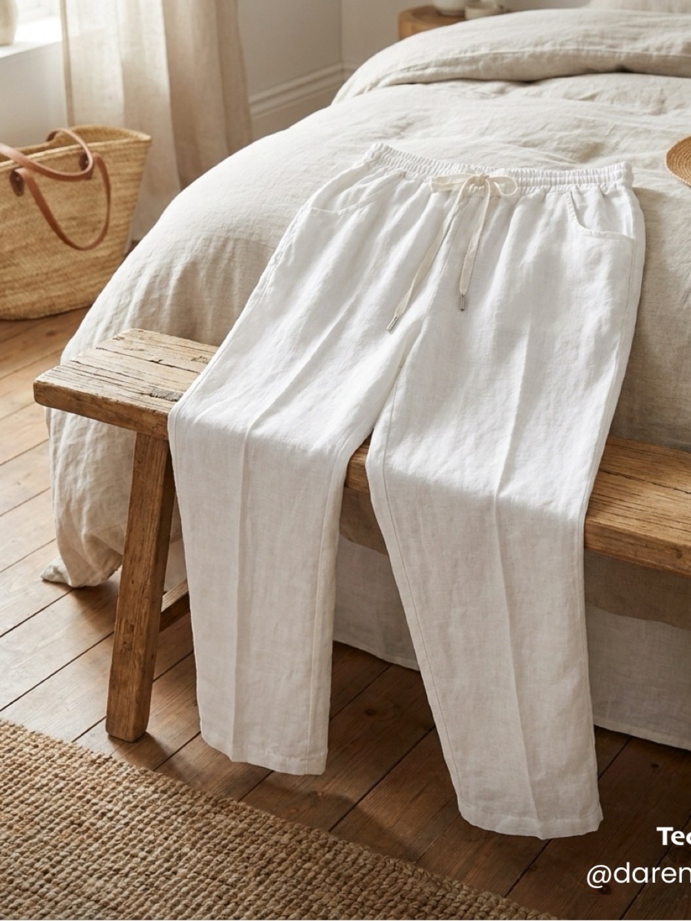 Tempo Paris White Cropped Linen Drawstring Pants w/ sequins